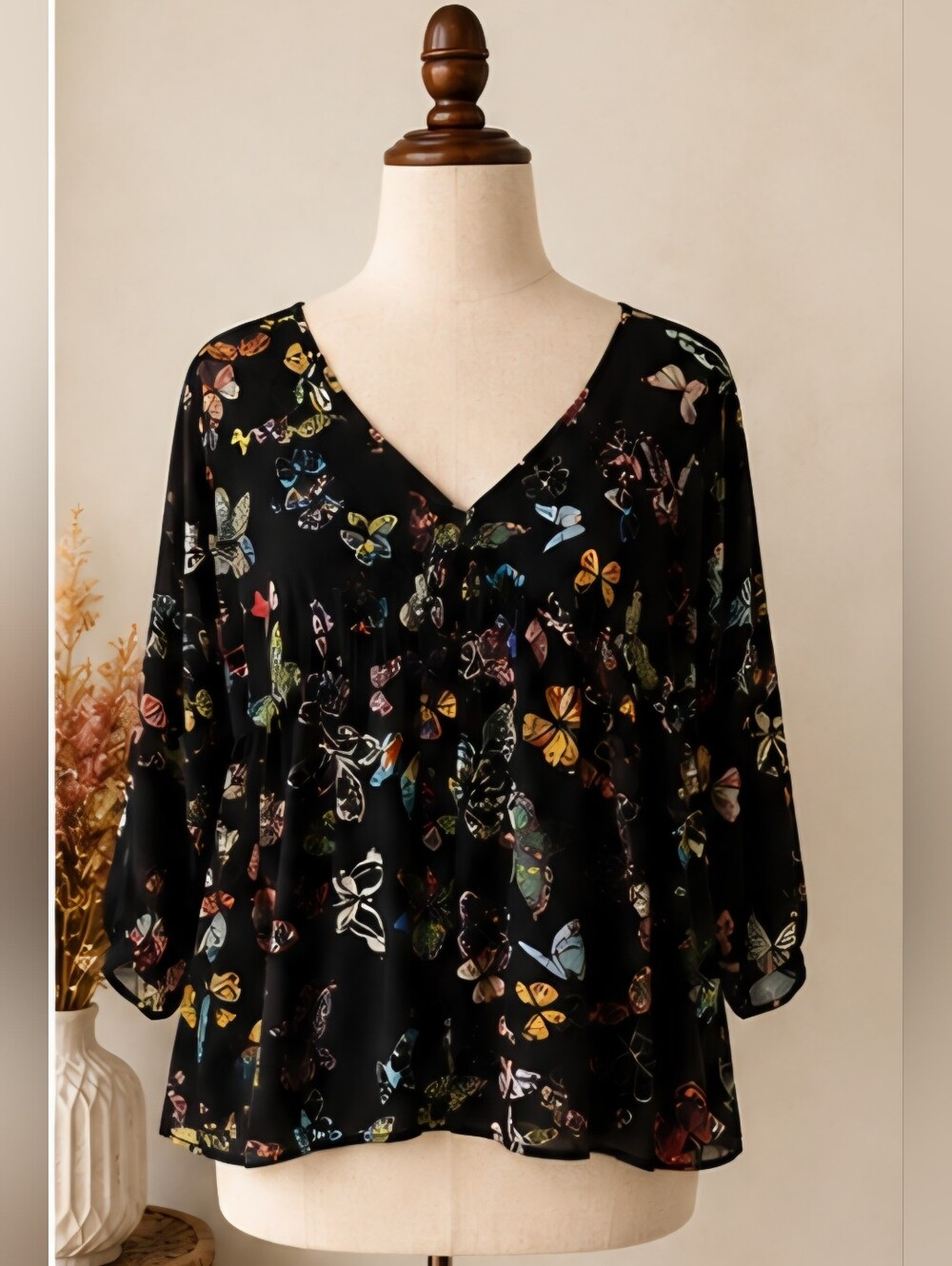 Boho Butterfly Print Blouse | Flowy V-Neck Top | Cottagecore Fairycore